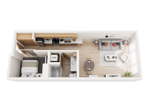 A top-down view of a small apartment with a kitchen, living room, and bathroom.